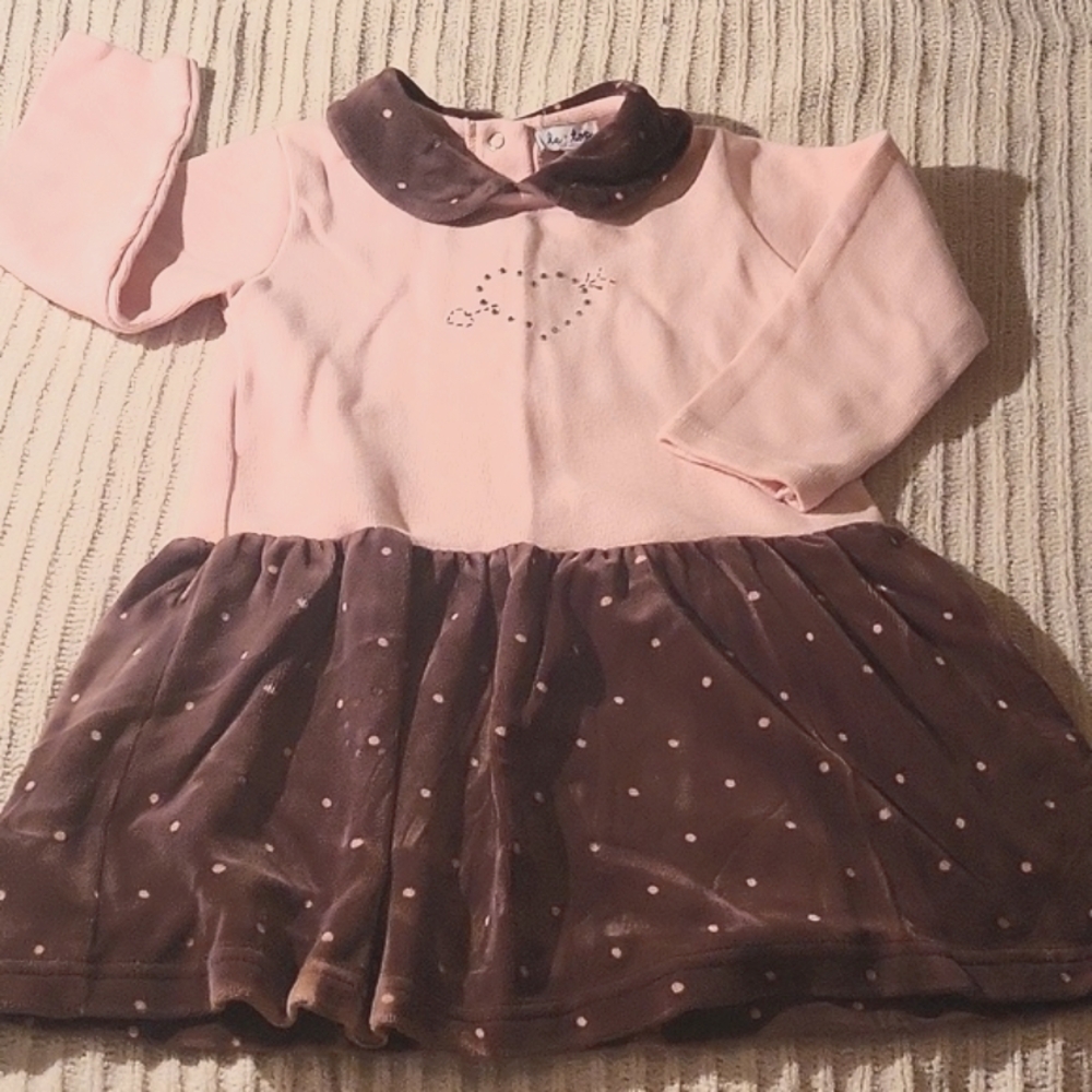 LE TOP Girl's pink and brown velour winter dress- heart crystals size 4